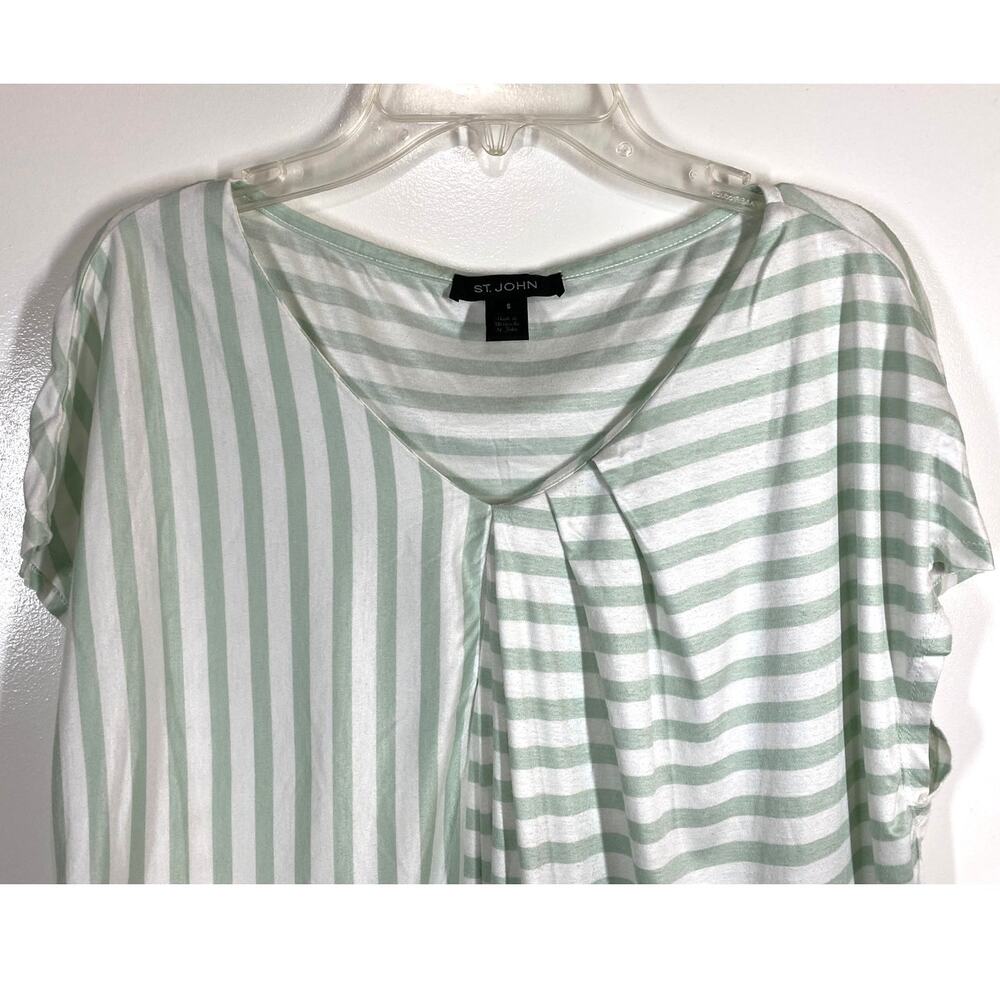 St. John Cap Sleeve V Neck White & Mint Green Stripes Top Blouse SMALL - Picture 3 of 7